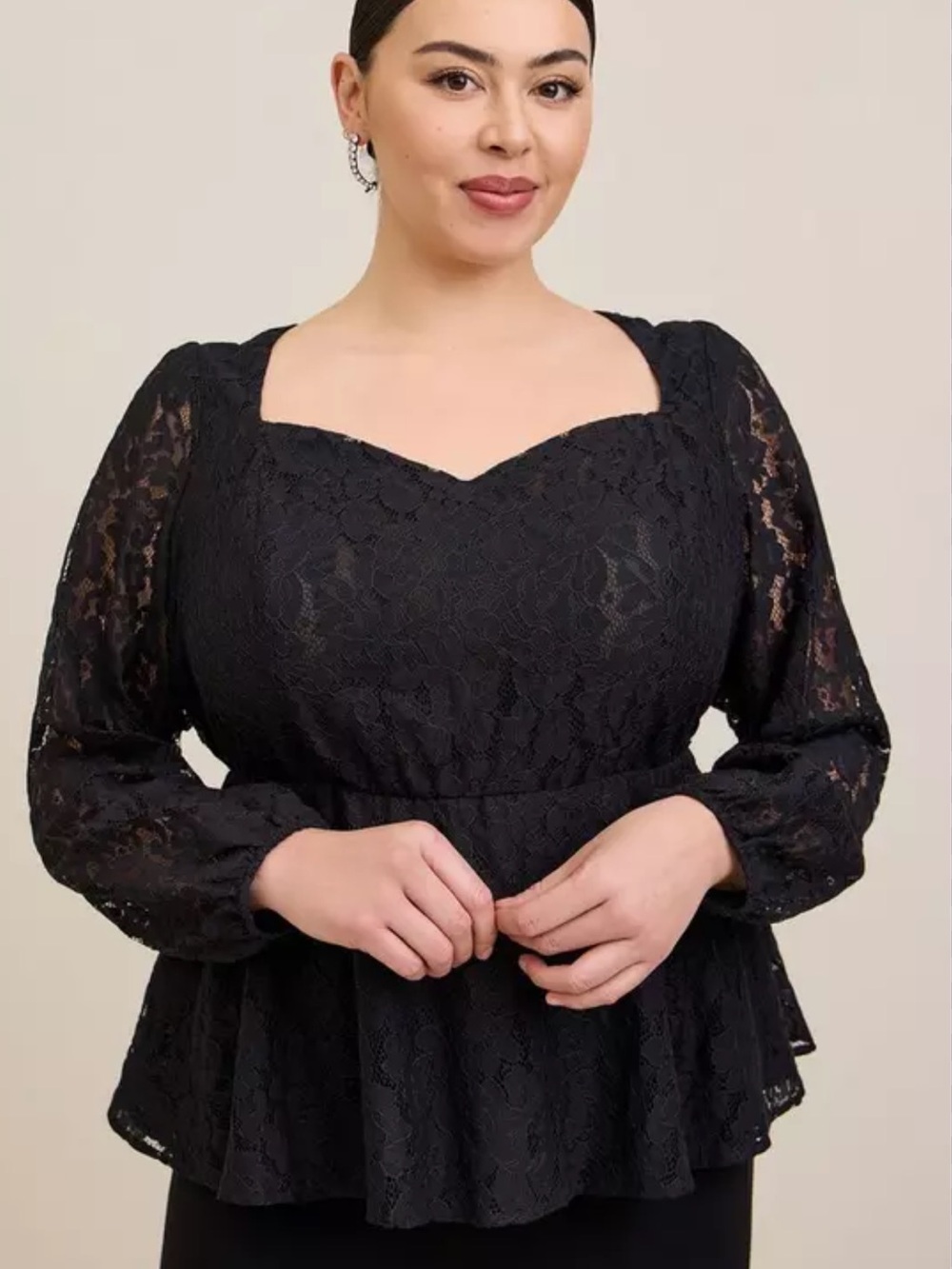 torrid Black Lace Peplum Blouse with Long‎ Sleeves